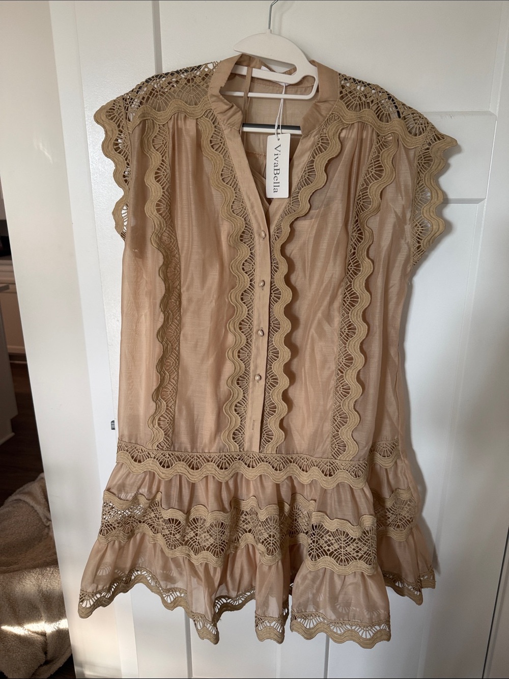 Abella Beige Lace-Trim Mini Dress